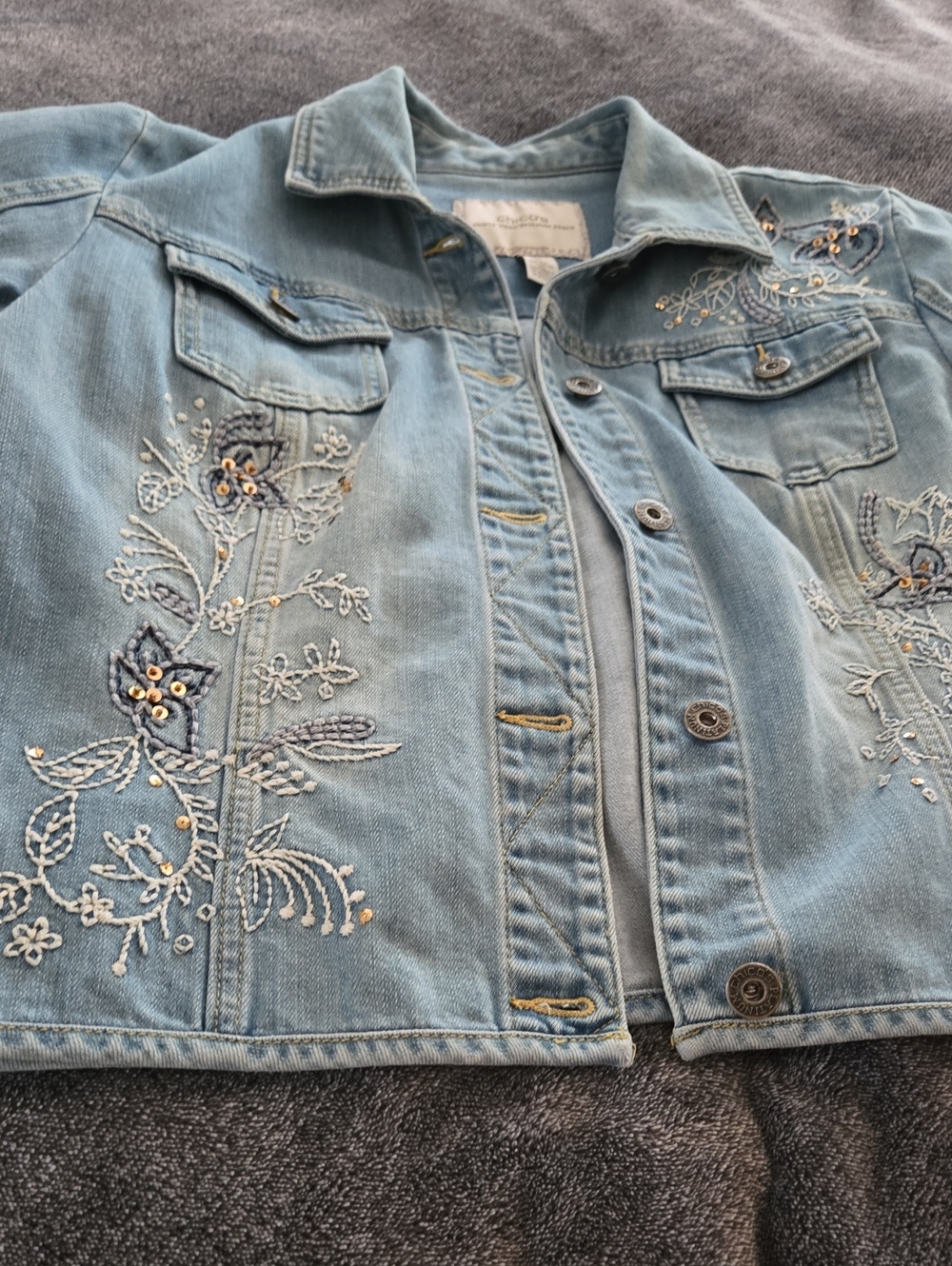 Chico Embroidered Light Wash Denim Jacket - Blue - Picture 1 of 7